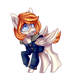 Size: 1480x1528 | Tagged: safe, artist:helemaranth, oc, oc only, pegasus, pony, clothes, freckles, looking back, looking up, pegasus oc, simple background, smiling, solo, transparent background, wings