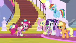 Size: 1920x1080 | Tagged: safe, screencap, applejack, fluttershy, pinkie pie, rainbow dash, rarity, spike, twilight sparkle, alicorn, dragon, pony, g4, the ending of the end, cupcake, food, mane six, twilight sparkle (alicorn), winged spike, wings