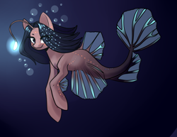 Size: 2009x1547 | Tagged: safe, artist:helemaranth, oc, oc only, pony, seapony (g4), angler seapony, bioluminescent, blue background, bubble, digital art, dorsal fin, eye clipping through hair, female, fin, fin wings, fins, fish tail, flowing mane, flowing tail, looking at you, mare, ocean, scales, seaponified, simple background, smiling, smiling at you, solo, species swap, swimming, tail, underwater, water, wings
