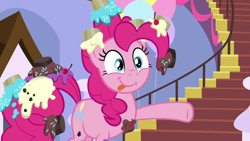 Size: 1920x1080 | Tagged: safe, screencap, pinkie pie, earth pony, pony, g4, the ending of the end, cupcake, female, food, solo, tongue out