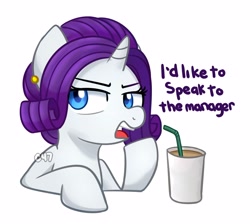 Size: 3758x3370 | Tagged: safe, artist:handgunboi, rarity, pony, unicorn, g4, coffee, coffee cup, cup, ear piercing, earring, high res, jewelry, karen, piercing, simple background, solo, speak to the manager, straw, white background