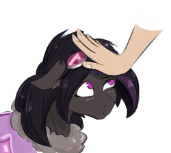 Size: 1132x1010 | Tagged: safe, artist:testostepone, oc, oc only, oc:mimicry, original species, blushing, goggles, patting, purple changeling, simple background, white background