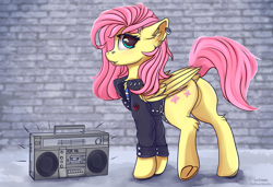 Size: 3800x2600 | Tagged: safe, artist:lakunae, fluttershy, pegasus, pony, g4, boombox, butt, cassette player, clothes, cute, cute little fangs, fangs, female, flutterbat, high res, jacket, looking at you, mare, plot, punk, shyabetes, solo