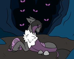 Size: 3000x2400 | Tagged: artist needed, safe, oc, oc only, oc:mimicry, original species, cave, egg, glowing eyes, high res, lying down, purple changeling, solo