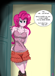 Size: 1700x2338 | Tagged: safe, artist:lennondash, pinkie pie, equestria girls, g4, can't sleep, clothes, female, insomnia, pajamas, question, solo, speech bubble, talking to viewer, worried