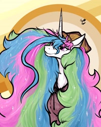 Size: 2952x3697 | Tagged: safe, artist:greyscaleart, princess celestia, alicorn, pony, g4, abstract background, beanie, big hair, bust, clothes, cute, female, hat, high res, hoodie, lidded eyes, mare, messy mane, solo