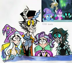 Size: 2453x2139 | Tagged: safe, artist:citi, screencap, discord, starlight glimmer, thorax, trixie, changeling, draconequus, human, g4, to where and back again, clothes, hat, high res, humanized, reformed four, scene interpretation, screencap reference, trixie's hat