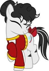 Size: 1524x2193 | Tagged: safe, artist:lightning stripe, derpibooru exclusive, oc, oc only, oc:kalinka, earth pony, pony, g4, black and white mane, bow, clothes, commission, crossed legs, cute, cutie mark, eyes closed, female, hair bun, mare, ocbetes, raised hoof, show accurate, simple background, smiling, solo, stripes, sweater, tail bow, transparent background, two toned tail, vector