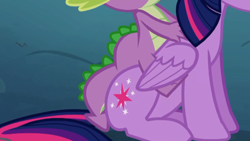 Size: 1040x585 | Tagged: safe, screencap, spike, twilight sparkle, alicorn, dragon, pony, g4, princess twilight sparkle (episode), season 4, dragons riding ponies, female, male, mare, out of context, riding, sitting, spike riding twilight, twilight sparkle (alicorn)