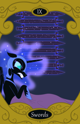 Size: 900x1400 | Tagged: safe, artist:sixes&sevens, nightmare moon, g4, angry, bed, nine of swords, sword, tarot card, weapon