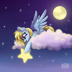 Size: 4000x4000 | Tagged: safe, artist:lazybread, oc, oc only, oc:cloud cuddler, pegasus, pony, absurd resolution, accessory, cloud, commission, cute, ear fluff, female, full moon, glasses, looking at something, moon, night, night sky, not derpy, on a cloud, open mouth, open smile, pegasus oc, signature, sky, smiling, solo, sparkles, spread wings, stars, tangible heavenly object, wings, ych result