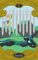 Size: 900x1400 | Tagged: safe, artist:sixes&sevens, queen chrysalis, thorax, changedling, changeling, g4, defeated, king thorax, sword, tarot card, ten of swords, weapon