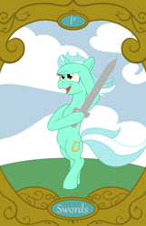 Size: 900x1400 | Tagged: safe, artist:sixes&sevens, lyra heartstrings, pony, unicorn, g4, bipedal, cloud, female, mare, page of swords, solo, sword, tarot card, weapon