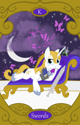Size: 900x1400 | Tagged: safe, artist:sixes&sevens, prince blueblood, breezie, butterfly, g4, breeziefied, crescent moon, fainting couch, flower, king of swords, moon, mouth hold, ninth doctor, rose, species swap, sword, tarot card, weapon