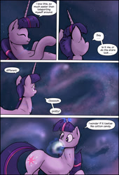 Size: 1920x2816 | Tagged: safe, artist:shieltar, part of a set, twilight sparkle, pony, unicorn, comic:giant twilight, g4, comic, cute, dialogue, female, giant pony, giant twilight sparkle, giantess, growth, jewelry, macro, magic, mare, necklace, part of a series, pony bigger than a planet, pony bigger than a solar system, pony bigger than a star, pony heavier than a black hole, signature, size difference, solo, space, stars, unicorn twilight