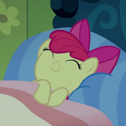 Size: 901x901 | Tagged: safe, screencap, apple bloom, earth pony, pony, bloom & gloom, g4, adorabloom, bed, cropped, cute, eyes closed, female, filly, mimir, sleeping, smiling, solo