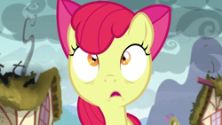 Size: 1920x1080 | Tagged: safe, screencap, apple bloom, earth pony, pony, bloom & gloom, g4, female, filly, open mouth, scared, solo