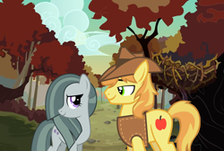 Size: 2064x1387 | Tagged: safe, anonymous artist, braeburn, marble pie, earth pony, pony, g4, autumn, braeble, crack shipping, female, forest, leaves, looking at each other, male, path, scenery, shipping, smiling, straight, tree, youtube link, youtube link in the description