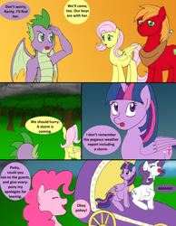 Size: 1000x1291 | Tagged: safe, artist:emilou1985, big macintosh, fluttershy, pinkie pie, rarity, spike, twilight sparkle, alicorn, dragon, pony, comic:signs, g4, carriage, comic, dialogue, eyes closed, female, labor, looking right, male, older, older spike, preggity, preggoshy, preglight sparkle, pregnant, salute, screaming, ship:fluttermac, shipping, storm, straight, sweat, twilight sparkle (alicorn), winged spike, wings