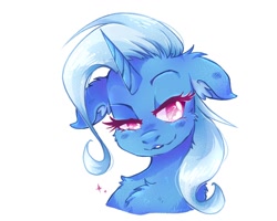 Size: 1000x800 | Tagged: safe, artist:silversweety, trixie, pony, unicorn, g4, bust, cheek fluff, chest fluff, ear fluff, female, floppy ears, lidded eyes, mare, neck fluff, no pupils, portrait, simple background, smiling, smirk, solo, white background