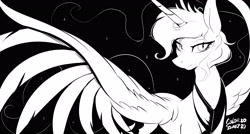 Size: 4096x2200 | Tagged: safe, artist:ask-colorsound, princess luna, alicorn, pony, g4, black and white, female, grayscale, high res, mare, monochrome, solo, spread wings, wings