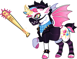 Size: 833x643 | Tagged: safe, alternate version, artist:lastnight-light, oc, oc only, oc:rock candy, alicorn, bat pony, bat pony alicorn, pony, bat wings, clothes, female, horn, jacket, leather jacket, mare, mask, nail bat, simple background, socks, solo, spiked wristband, striped socks, transparent background, wings, wristband