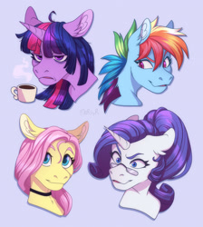 Size: 2147x2391 | Tagged: safe, artist:morsyr, fluttershy, rainbow dash, rarity, twilight sparkle, pegasus, pony, unicorn, g4, annoyed, bust, choker, chokershy, cup, ear fluff, emotions, female, floppy ears, glasses, group, high res, hot drink, lidded eyes, looking at you, mare, morning ponies, quartet, smiling, stray strand, three quarter view