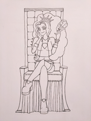 Size: 469x625 | Tagged: safe, artist:metalamethyst, adagio dazzle, equestria girls, g4, alternate clothes, boots, clothes, crossed legs, crossover, disguise, disguised siren, jacket, jojo's bizarre adventure, lineart, phantom blood, shoes, sitting, smug, stone mask, throne, traditional art, wip