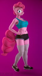 Size: 2160x3840 | Tagged: safe, artist:foxventus, pinkie pie, anthro, plantigrade anthro, g4, 3d, breasts, clothes, female, high res, open mouth, pink background, shoes, shorts, simple background, socks, solo, source filmmaker, sports bra, thigh highs