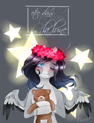 Size: 1280x1681 | Tagged: safe, artist:zloitoaster, oc, oc only, pegasus, pony, bust, flower, flower in hair, one eye closed, pegasus oc, signature, solo, spread wings, stars, teddy bear, wings, wink