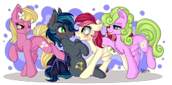 Size: 4503x2232 | Tagged: safe, artist:julunis14, daisy, flower wishes, lily, lily valley, roseluck, oc, oc:spark gap, bat pony, earth pony, pony, fanfic:fine print, g4, ;p, bat pony oc, bat wings, blushing, canon x oc, ear blush, embarrassed, flower trio, group, one eye closed, quartet, rosegap, shipping, simple background, tongue out, transparent background, wings
