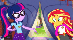 Size: 600x330 | Tagged: safe, screencap, sci-twi, spike, spike the regular dog, sunset shimmer, twilight sparkle, dog, equestria girls, g4, my little pony equestria girls: legend of everfree, animated, aura, book, camp everfree outfits, converse, floating, magic, nervous, shoes, sunscreen, telekinesis, towel