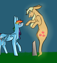 Size: 899x1000 | Tagged: safe, artist:pawstheartest, applejack, rainbow dash, earth pony, ghost, pegasus, pony, undead, g4, duo, female, gravestone, looking at each other, mare, raised hoof