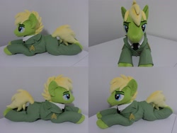 Size: 1597x1199 | Tagged: safe, artist:little-broy-peep, oc, oc:applesnack, oc:steelhooves, pony, fallout equestria, clothes, irl, lying down, male, missing accessory, photo, plushie, prone, solo, stallion, uniform