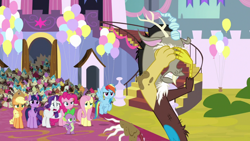 Size: 1920x1080 | Tagged: safe, screencap, applejack, discord, fluttershy, pinkie pie, rainbow dash, rarity, spike, twilight sparkle, alicorn, dragon, pony, g4, the ending of the end, balloon, cupcake, embarrassed, food, mane seven, mane six, twilight sparkle (alicorn), winged spike, wings