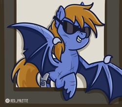 Size: 1280x1127 | Tagged: safe, artist:redpalette, oc, bat pony, pony, bat pony oc, bat wings, cute, disabled, fangs, male, smiling, spread wings, sunglasses, wings