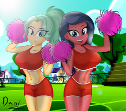 Size: 3500x3100 | Tagged: safe, artist:danielitamlp, desert sage, garden grove, equestria girls, g4, bleachers, breasts, busty desert sage, busty garden grove, cheerleader, cheerleader outfit, clothes, duo, high res, looking at you, midriff, open mouth, pom pom, shorts, soccer field, tree