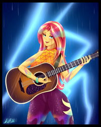 Size: 2000x2500 | Tagged: safe, artist:albertbm, sunset shimmer, equestria girls, equestria girls series, let it rain, spoiler:eqg series (season 2), acoustic guitar, clothes, cutie mark, cutie mark on clothes, female, guitar, high res, looking at you, musical instrument, open mouth, pants, singing, solo