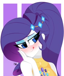Size: 870x1024 | Tagged: safe, artist:xan-gelx, edit, editor:thomasfan45, rarity, human, equestria girls, g4, abstract background, bare shoulders, blushing, blushing profusely, clothes, cute, digital art, eyeshadow, female, licking, licking lips, lidded eyes, makeup, music festival outfit, ponytail, raribetes, sexy, signature, solo, tongue out