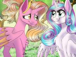 Size: 1024x768 | Tagged: safe, artist:karathepony, luster dawn, princess flurry heart, alicorn, pony, g4, alicornified, chest fluff, colored wings, colored wingtips, crown, duo, female, forest, jewelry, looking at each other, lustercorn, mare, older, older flurry heart, regalia, signature, smiling