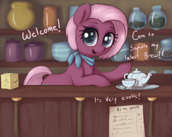 Size: 2500x2000 | Tagged: safe, artist:t72b, jasmine leaf, earth pony, pony, g4, bipedal, bipedal leaning, counter, cup, cute, female, food, high res, indoors, jasminebetes, leaning, looking at you, mare, neckerchief, open mouth, solo, tea, tea shop, teacup, teapot, text, underhoof