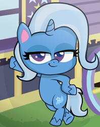 Size: 839x1061 | Tagged: safe, artist:grapefruitface1, trixie, pony, unicorn, g4.5, my little pony: pony life, base used, crossed legs, grass, hoof on hip, leaning, lidded eyes, looking at you, show accurate, trixie's wagon