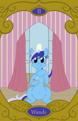 Size: 900x1400 | Tagged: safe, artist:sixes&sevens, minuette, pony, unicorn, g4, curtains, doctor who, open window, sonic screwdriver, tarot card, two of wands, window
