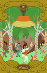 Size: 900x1400 | Tagged: safe, artist:sixes&sevens, autumn blaze, forest fall, maple brown, sparkling brook, kirin, g4, banner, dancing, four of wands, kirin village, ribbon, tarot card, tree