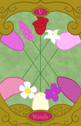 Size: 900x1400 | Tagged: safe, artist:sixes&sevens, daisy, flower wishes, lily, lily valley, roseluck, oc, oc:hyacinth bouquet, oc:violet potts, g4, daisy (flower), five of wands, flower, hooves, hyacinth, rose, tarot card, violet (flower)