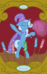 Size: 900x1400 | Tagged: safe, artist:sixes&sevens, trixie, g4, bipedal, cape, clothes, curtains, fireworks, hat, laurel wreath, six of wands, stage, tarot card, trixie's cape, trixie's hat, wand