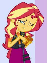 Size: 407x543 | Tagged: safe, screencap, sunset shimmer, a fine line, equestria girls, g4, my little pony equestria girls: better together, cropped, female, geode of empathy, magical geodes, one eye closed, phone, solo