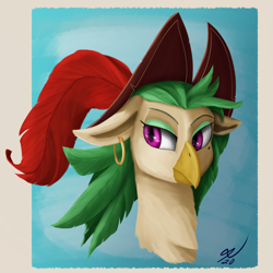 Size: 2160x2160 | Tagged: safe, artist:tenebrisnoctus, captain celaeno, parrot pirates, anthro, g4, my little pony: the movie, beauty mark, bust, ear piercing, earring, female, hat, high res, jewelry, piercing, pirate, portrait, smiling, solo