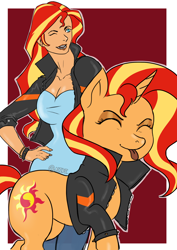 Size: 2480x3508 | Tagged: safe, artist:nire, sunset shimmer, human, pony, unicorn, g4, adorable face, bracelet, breasts, busty sunset shimmer, cleavage, clothes, curvy, cute, cutie mark, dress, duo, duo female, female, hand on hip, high res, human and pony, humanized, jacket, jewelry, mlem, one eye closed, silly, smiling, spiked wristband, sunset shimmer day, tongue out, wink, wristband