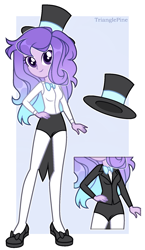 Size: 1100x1900 | Tagged: safe, artist:picasu, artist:trianglepine, oc, oc only, oc:luno presto, cyber-questria, equestria girls, g4, bowtie, clothes, equestria girls-ified, female, flats, hat, magician, magician outfit, multicolored hair, shirt, shoes, shorts, socks, solo, spy, stockings, suit, thigh highs, top hat